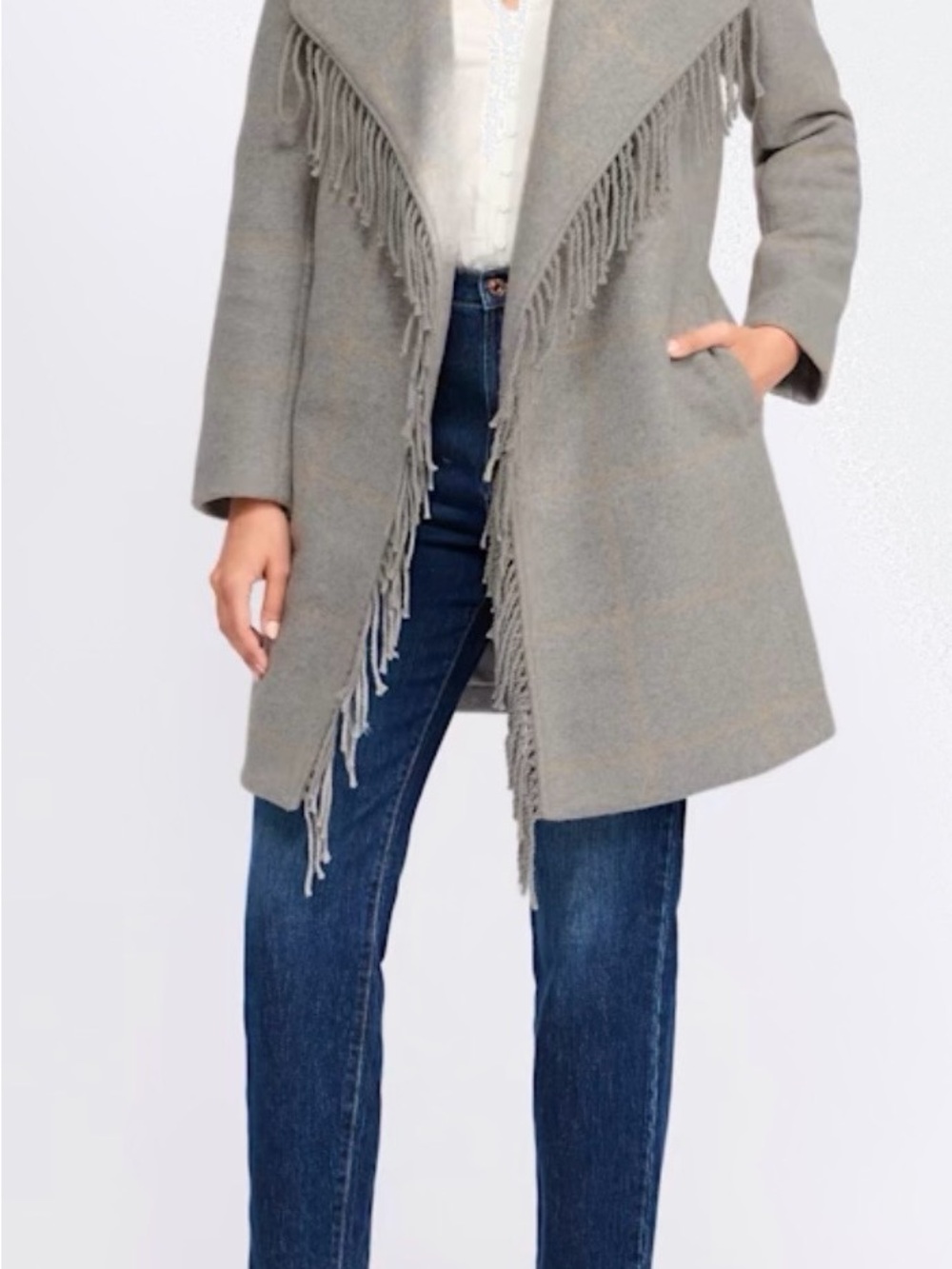 CoffeeShop Frindge Wool Like Blend Gray Plaid Coat - NWT - Picture 2 of 4
